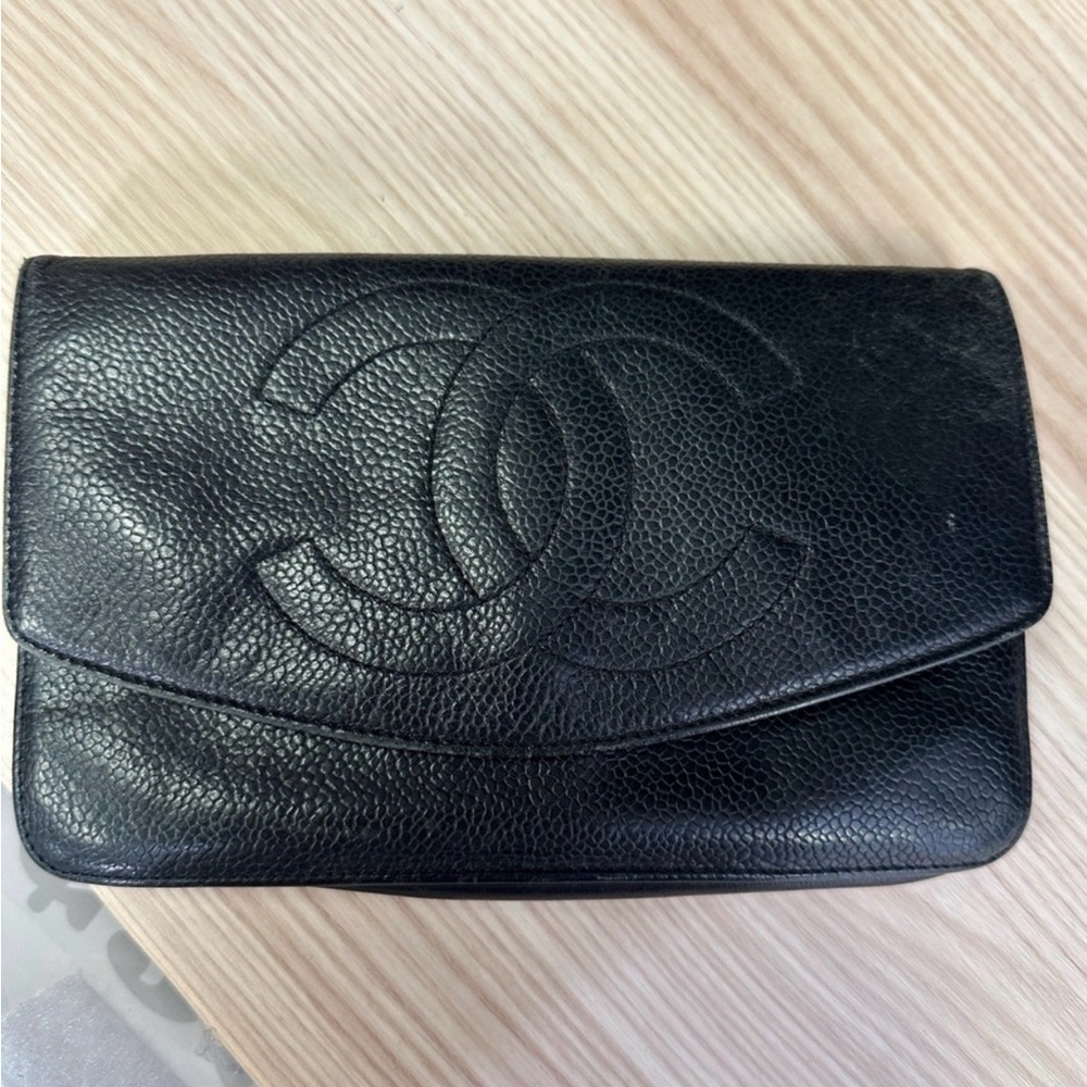 CHANEL CC Classic Timeless Caviar Leather Flap Wallet with Chain